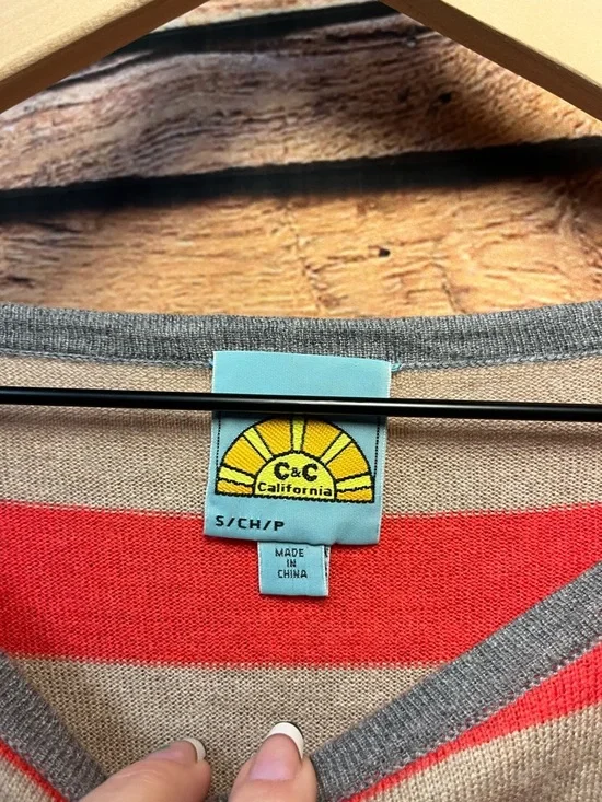C&C California Striped Red and Tan Cashmere Blend Sweater (149) - Picture 3 of 13